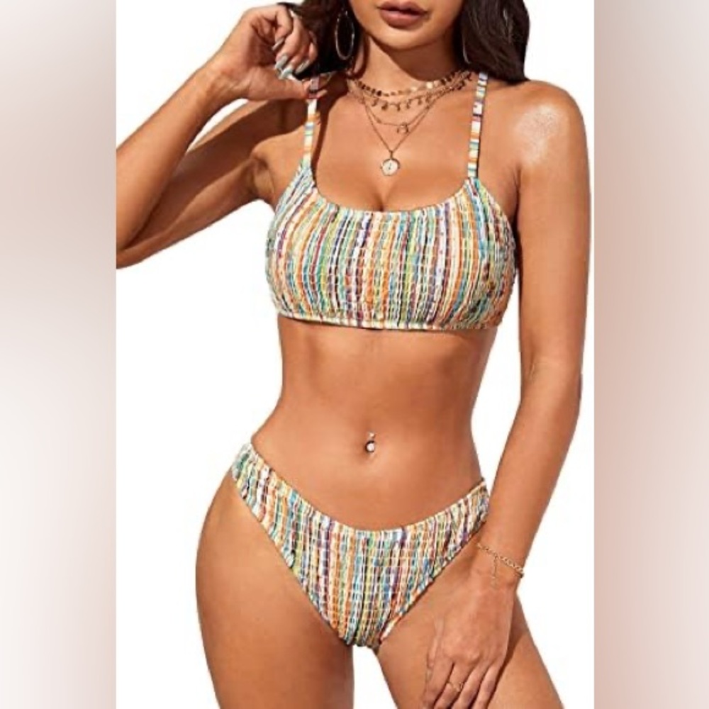 NWOT Women's Multicolor Striped Smocked 2 Piece Bikini Swimsuit! Size Small.